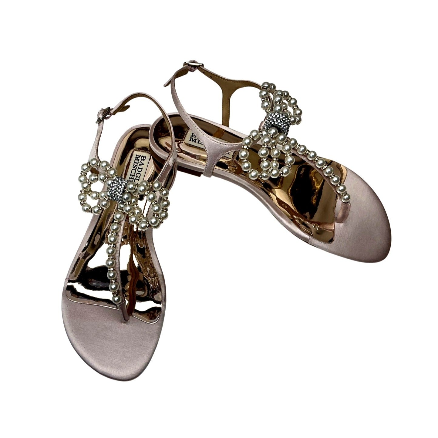 Badgley Mischka Blush Satin Pearl Embellished Sandals Womens  SZ 5.5