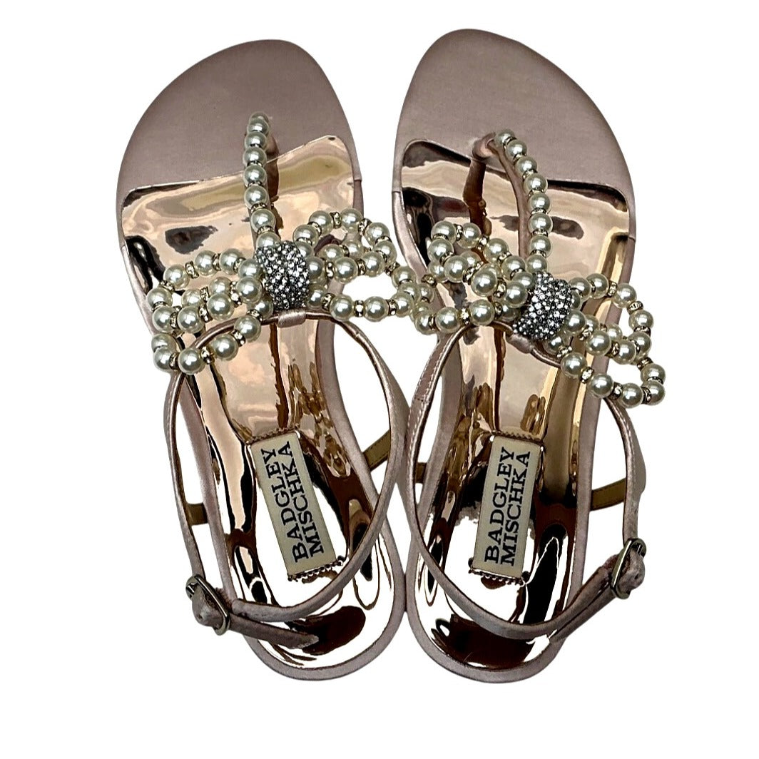 Badgley Mischka Blush Satin Pearl Embellished Sandals Womens  SZ 5.5