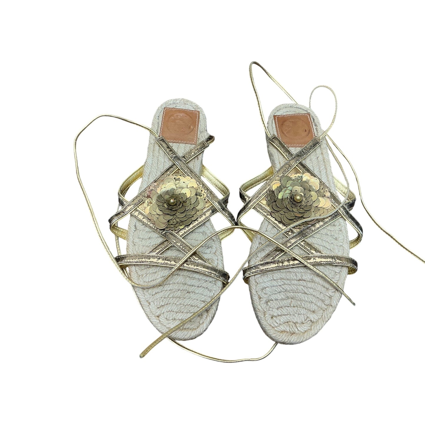 Tory Burch Gold Lace-Up Espadrille Sandals Sequin Flower Strappy Summer 7B