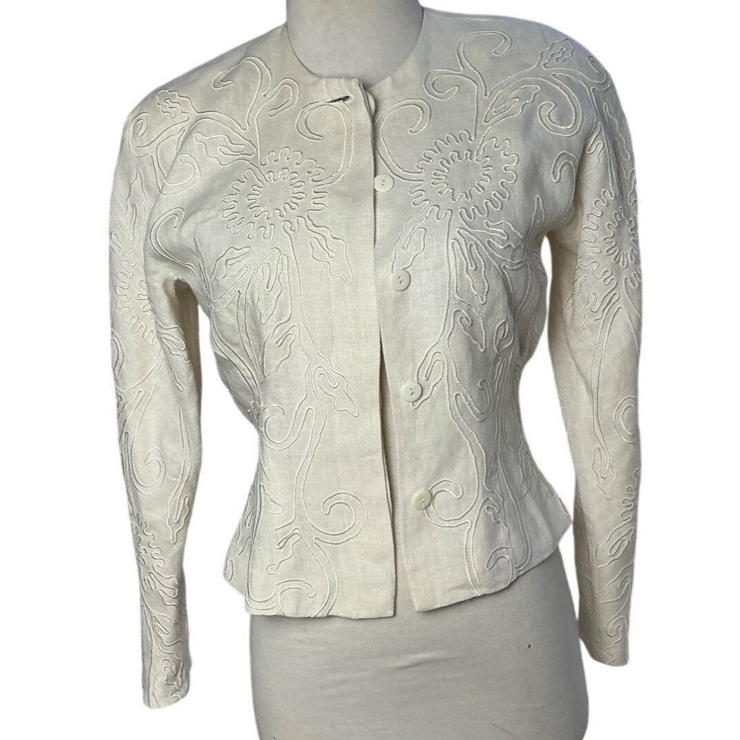 Carmen Marc Valvo White Embroidered Soutache Cropped Jacket Blazer Size 2