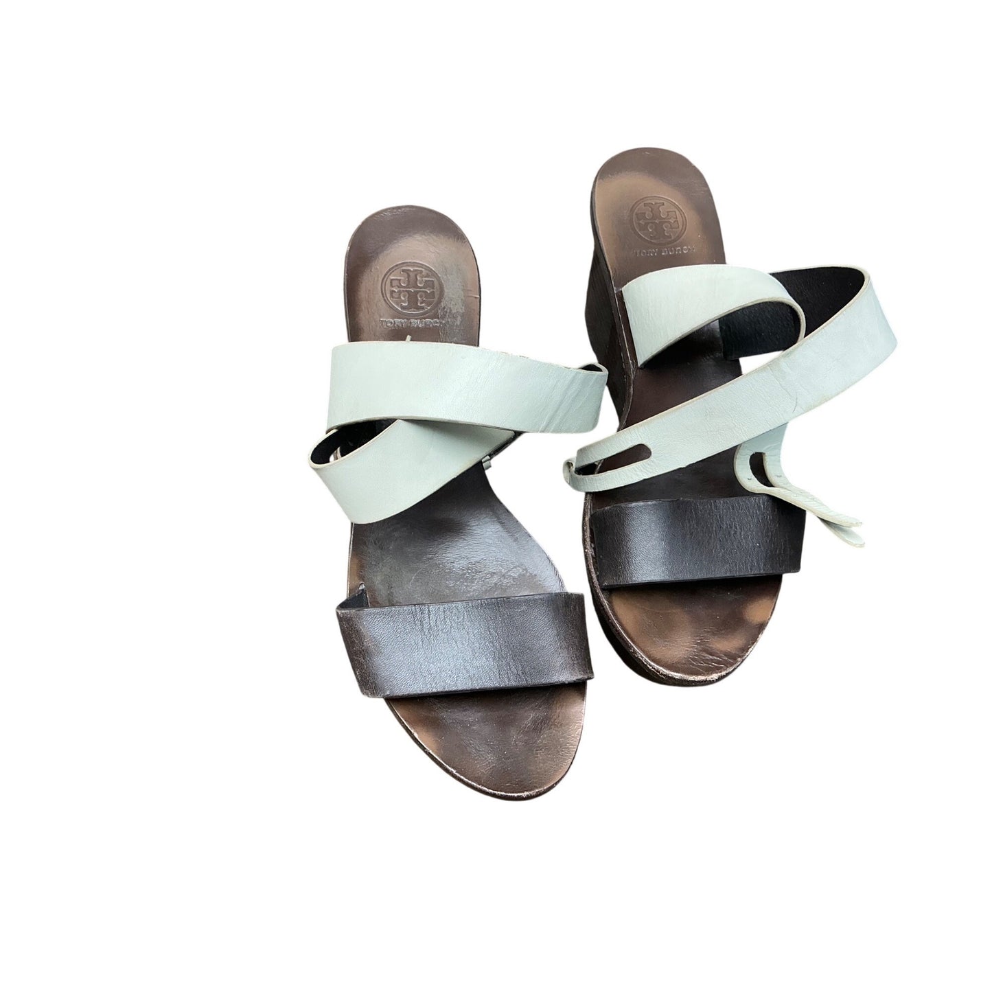 Tory Burch Leather Wedge Sandals Brown White Strappy Platform Minimal  Sz 7M
