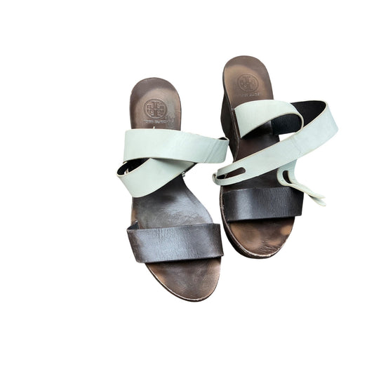 Tory Burch Leather Wedge Sandals Brown White Strappy Platform Minimal  Sz 7M