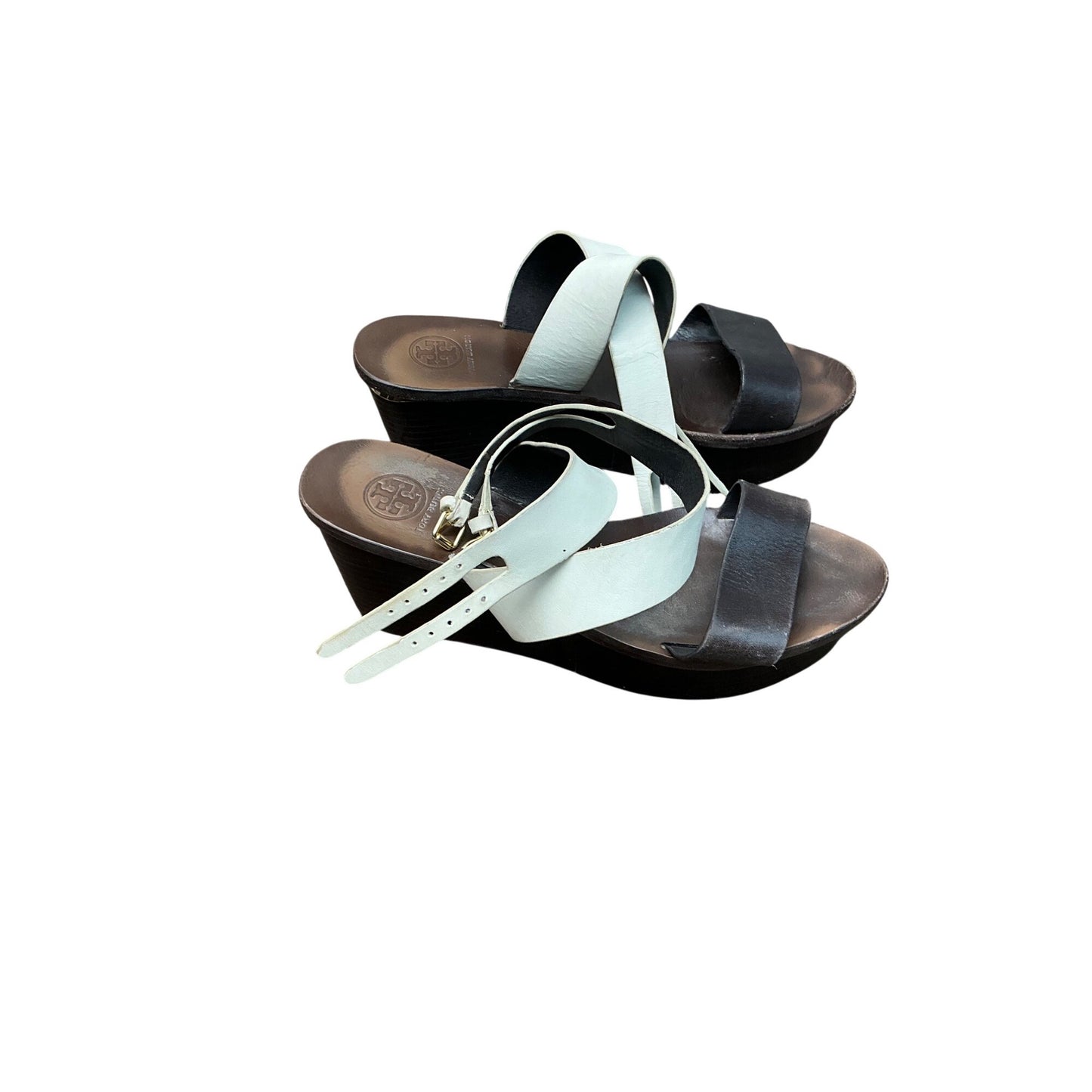 Tory Burch Leather Wedge Sandals Brown White Strappy Platform Minimal  Sz 7M