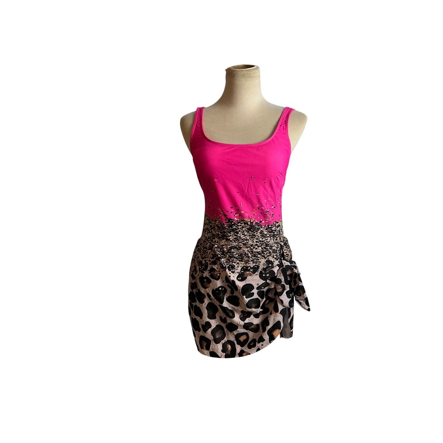 Pink Leopard Print One Piece Swimsuit Sparkle Ombre Wrap Style Vegas Glam NWOT