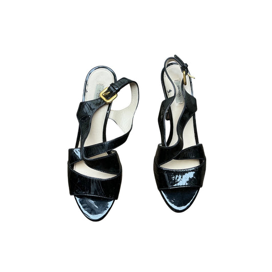 Prada black patent leather ankle-strap sandals, size 38