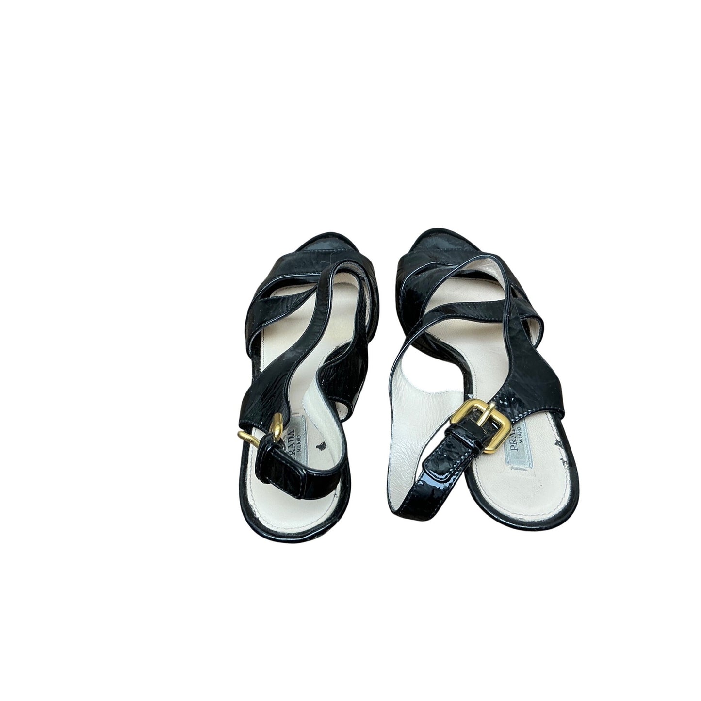 Prada Black Patent Leather Ankle Strap Sandals Open Toe Heels Womens Size 38