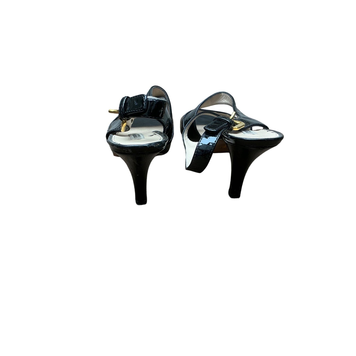Prada Black Patent Leather Ankle Strap Sandals Open Toe Heels Womens Size 38