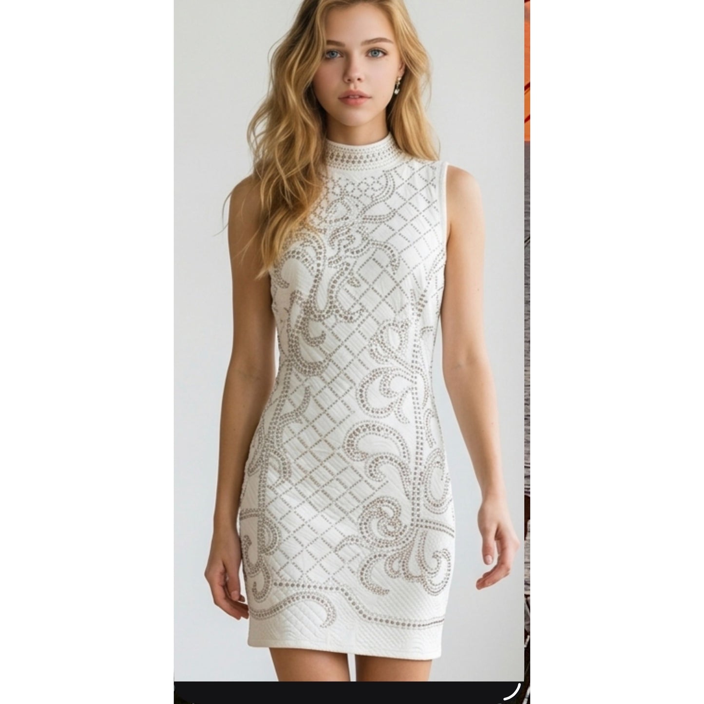 Bebe Ivory Rhinestone Studded Bodycon Mini Dress Sleeveless Fitted Women’s Size  SP