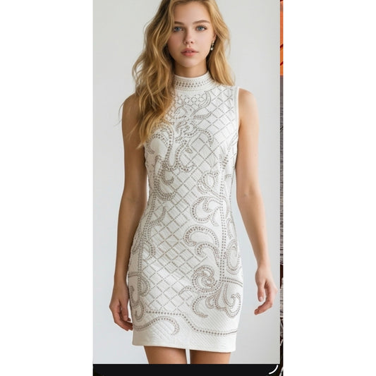 Bebe Ivory Rhinestone Studded Bodycon Mini Dress Sleeveless Fitted Women’s Size  SP