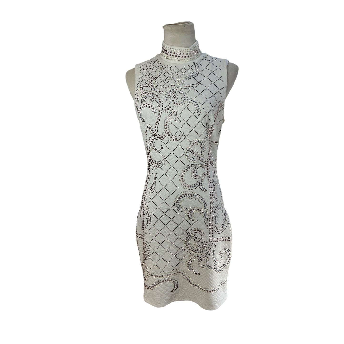 Bebe Ivory Rhinestone Studded Bodycon Mini Dress Sleeveless Fitted Women’s Size  SP