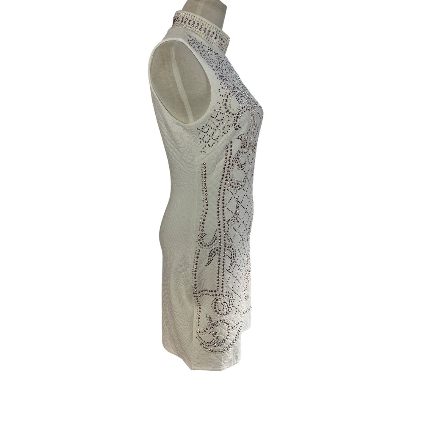 Bebe Ivory Rhinestone Studded Bodycon Mini Dress Sleeveless Fitted Women’s Size  SP