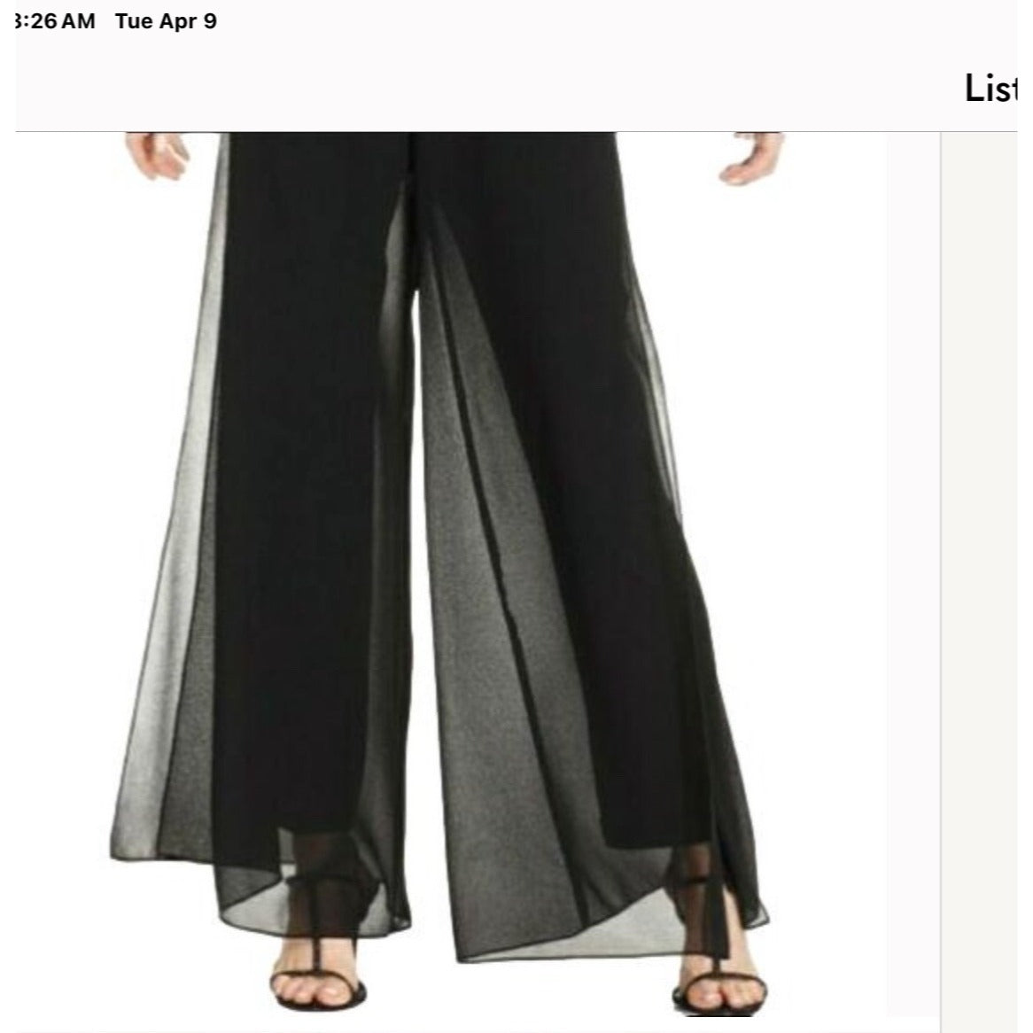 Tadashi Shoji black palazzo pants with sheer overlay, size 4