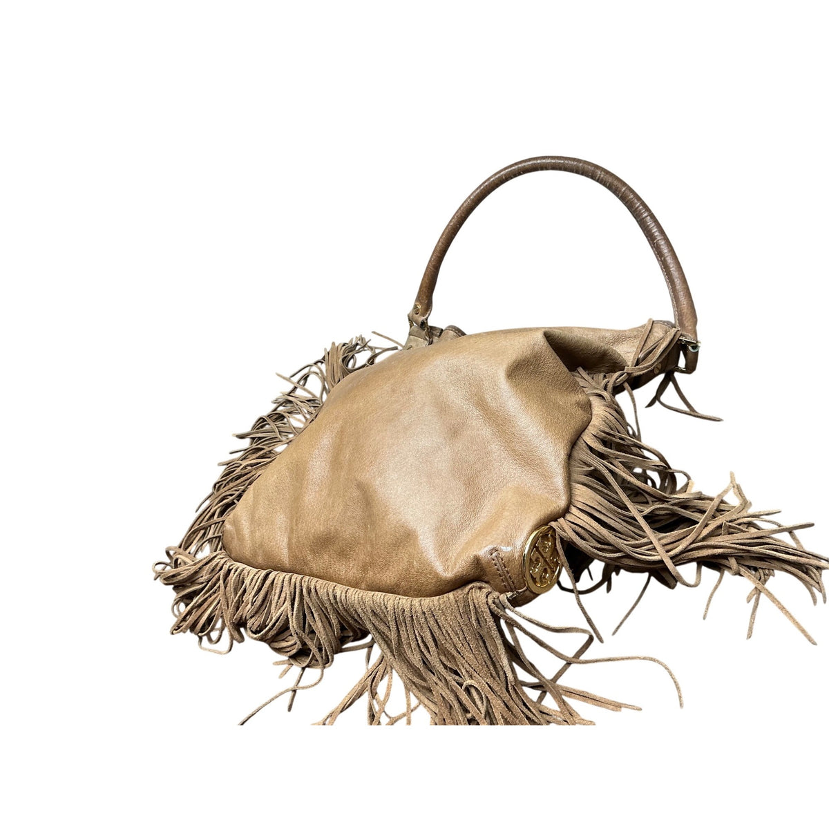 Tory Burch Metallic Taupe Fringe Hobo Shoulder Bag Leather Handbag