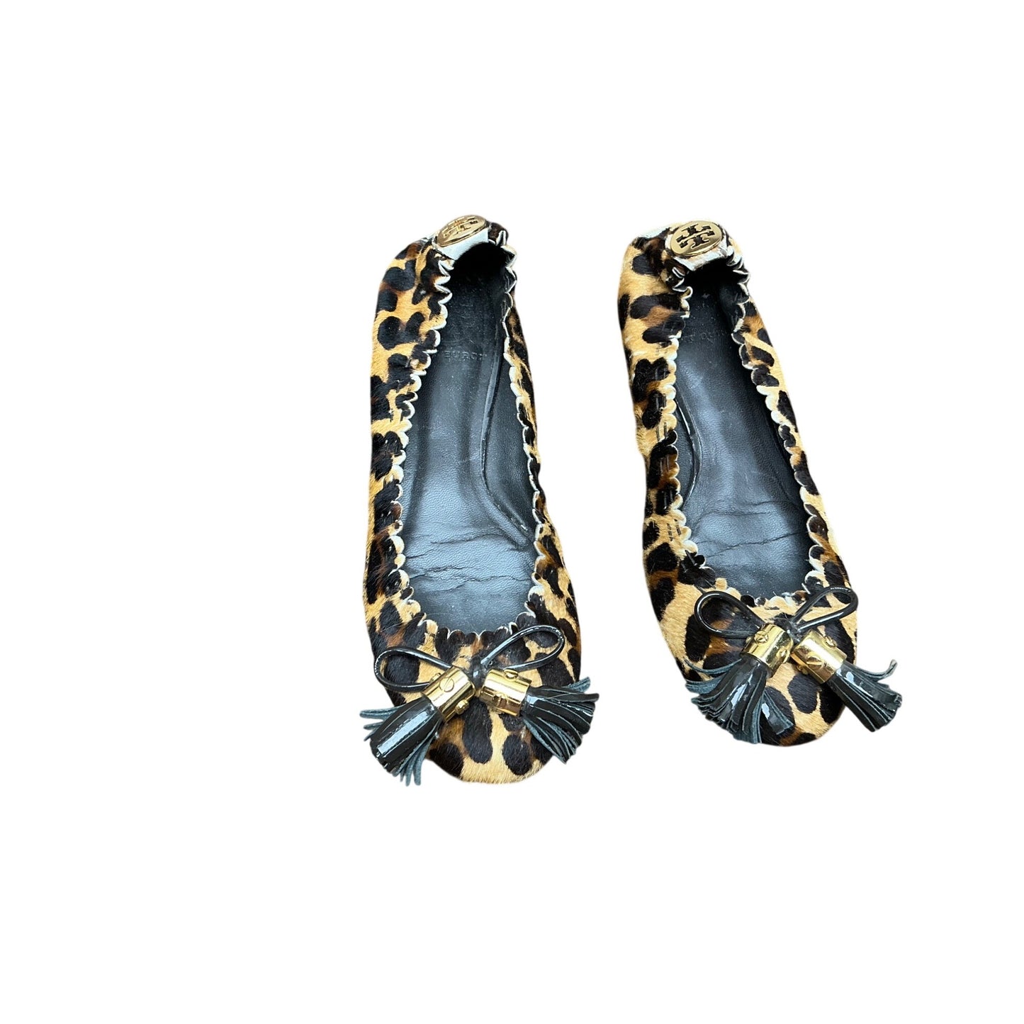 Tory Burch Leopard Calf Hair Ballet Flats Logo Medallion Tassel Sz 5