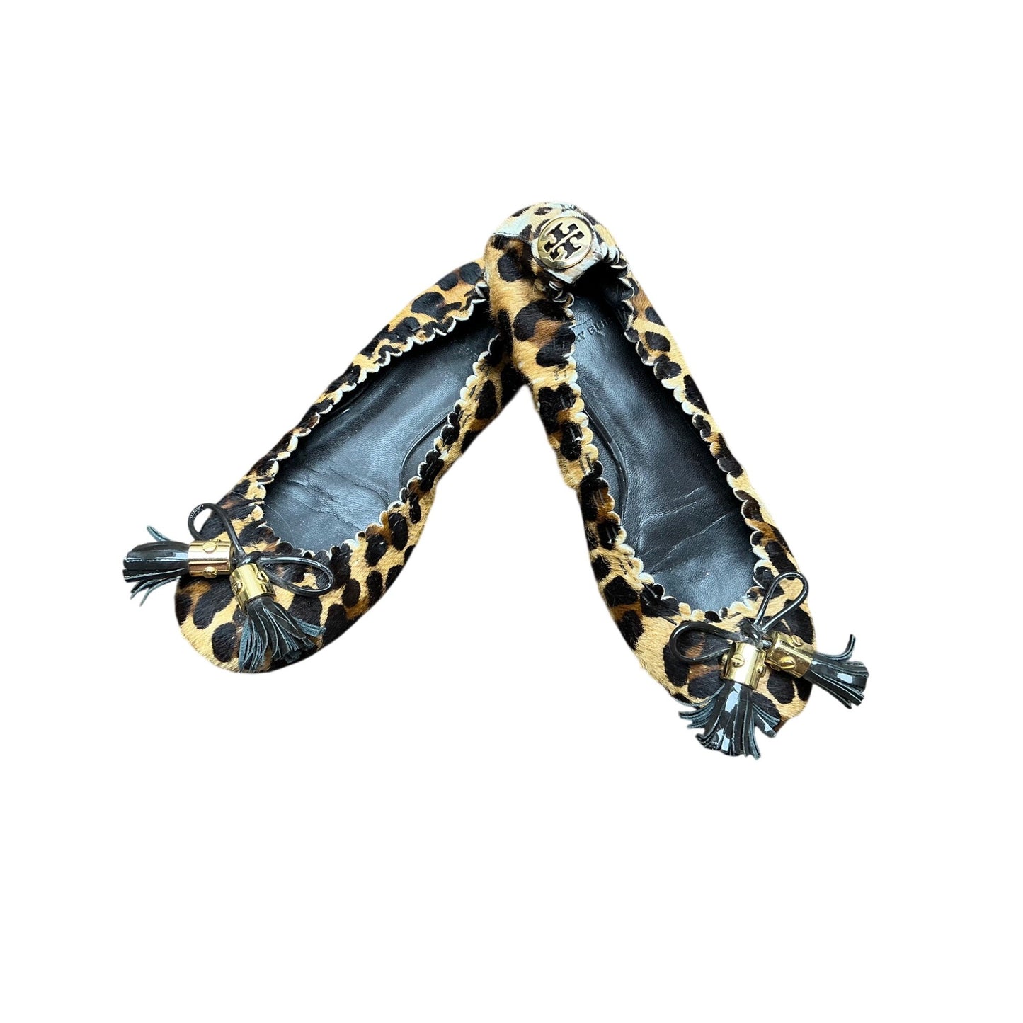 Tory Burch Leopard Calf Hair Ballet Flats Logo Medallion Tassel Sz 5