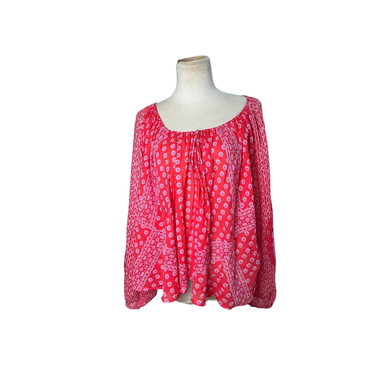Free People Pink Red Floral Print Blouse Long Sleeve Boho Top  Sz M