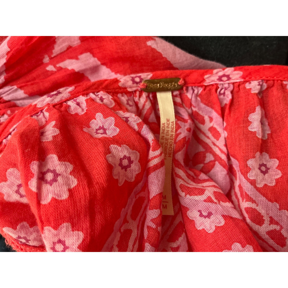 Free People Pink Red Floral Print Blouse Long Sleeve Boho Top  Sz M