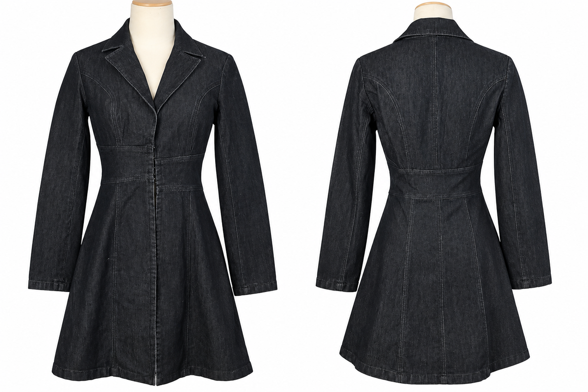 Bisou Bisou black denim long coat size small front and back