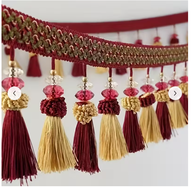 Burgundy and gold beaded tassel trim embellishment