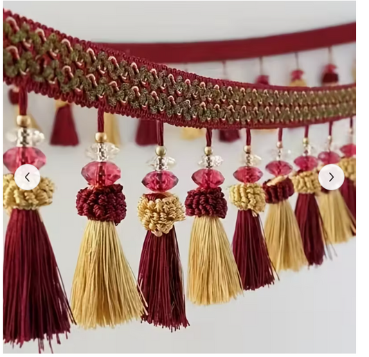 Burgundy and gold beaded tassel trim embellishment
