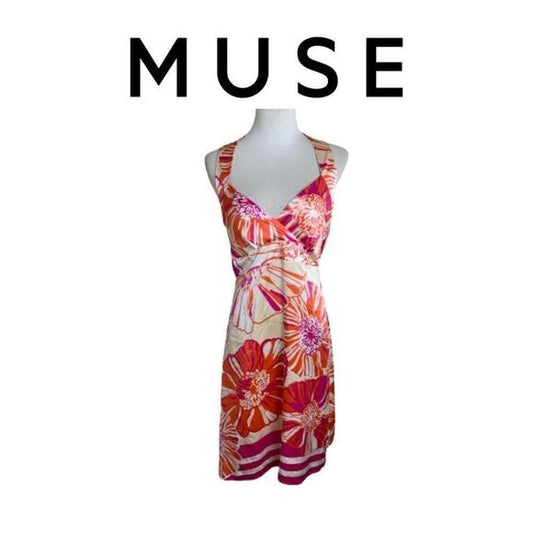Muse Tropical Floral Halter Sundress Pink Orange Sleeveless 12