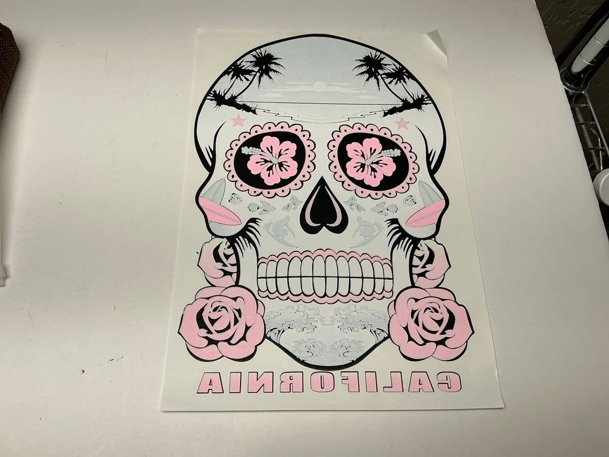 Pink and black California sugar skull with hibiscus eyes roses palm trees and surfboards