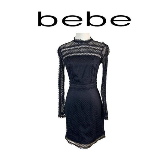 Bebe Black Lace Mock Neck Cocktail Dress  Sz 2