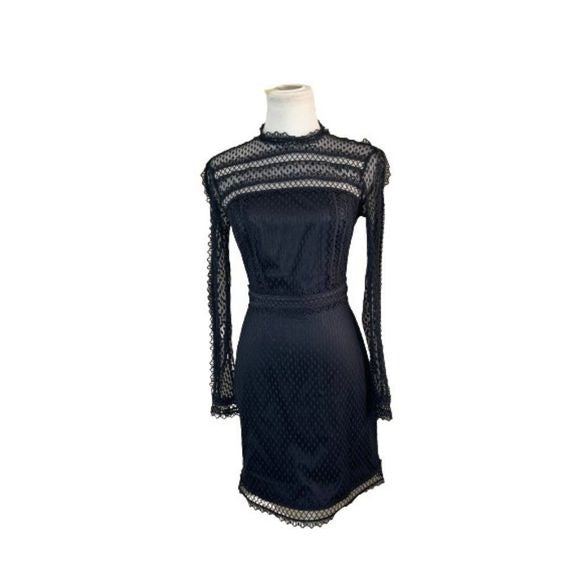 Bebe Black Lace Mock Neck Cocktail Dress  Sz 2