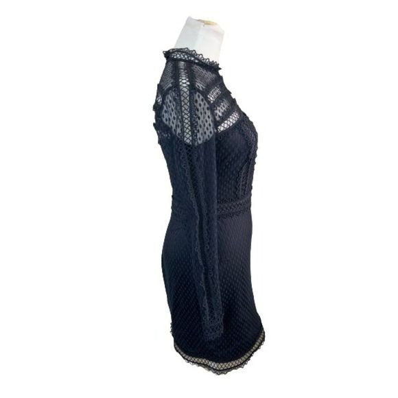 Bebe Black Lace Mock Neck Cocktail Dress  Sz 2
