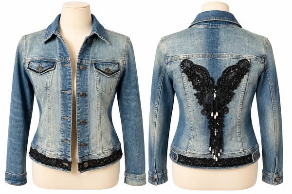 Custom Embellished Cello Denim Jacket Black Angel Wing Lace Rhinestone Women’s XS
