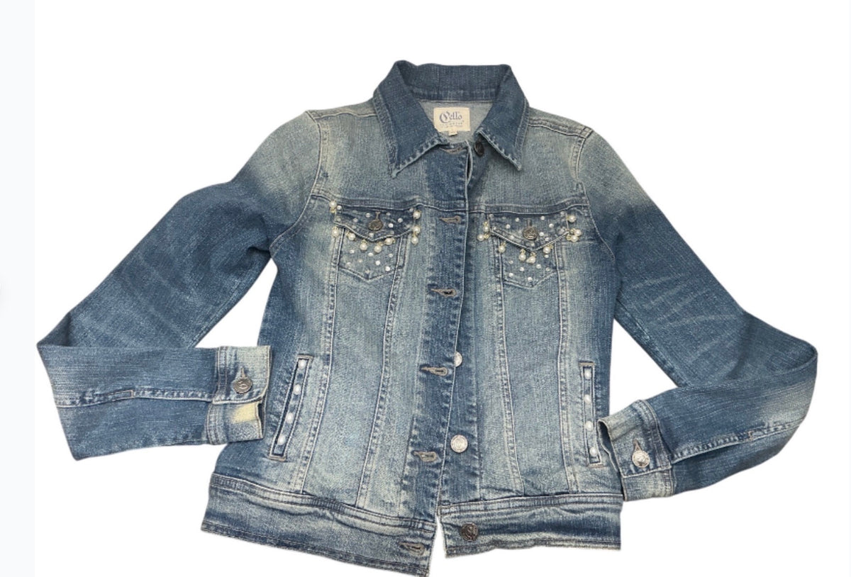 Cello pearl embellished denim jacket front, tagged size Medium