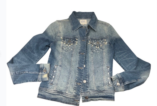 Cello pearl embellished denim jacket front, tagged size Medium