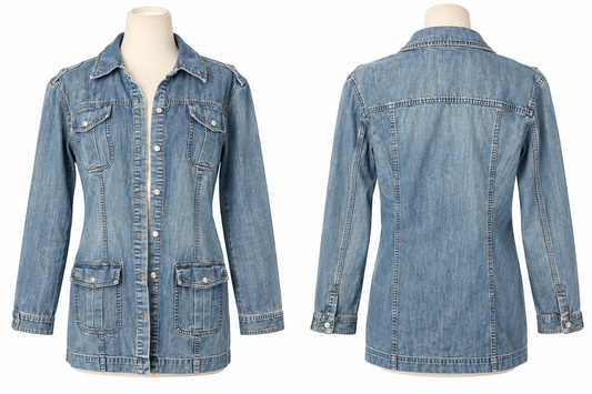 Chico's long denim utility jacket size 3 front and back