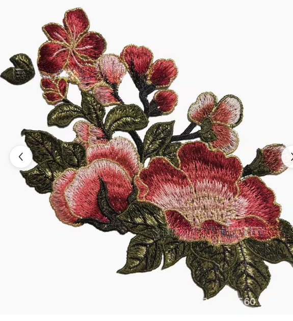 Coral rose embroidered floral applique embellishment