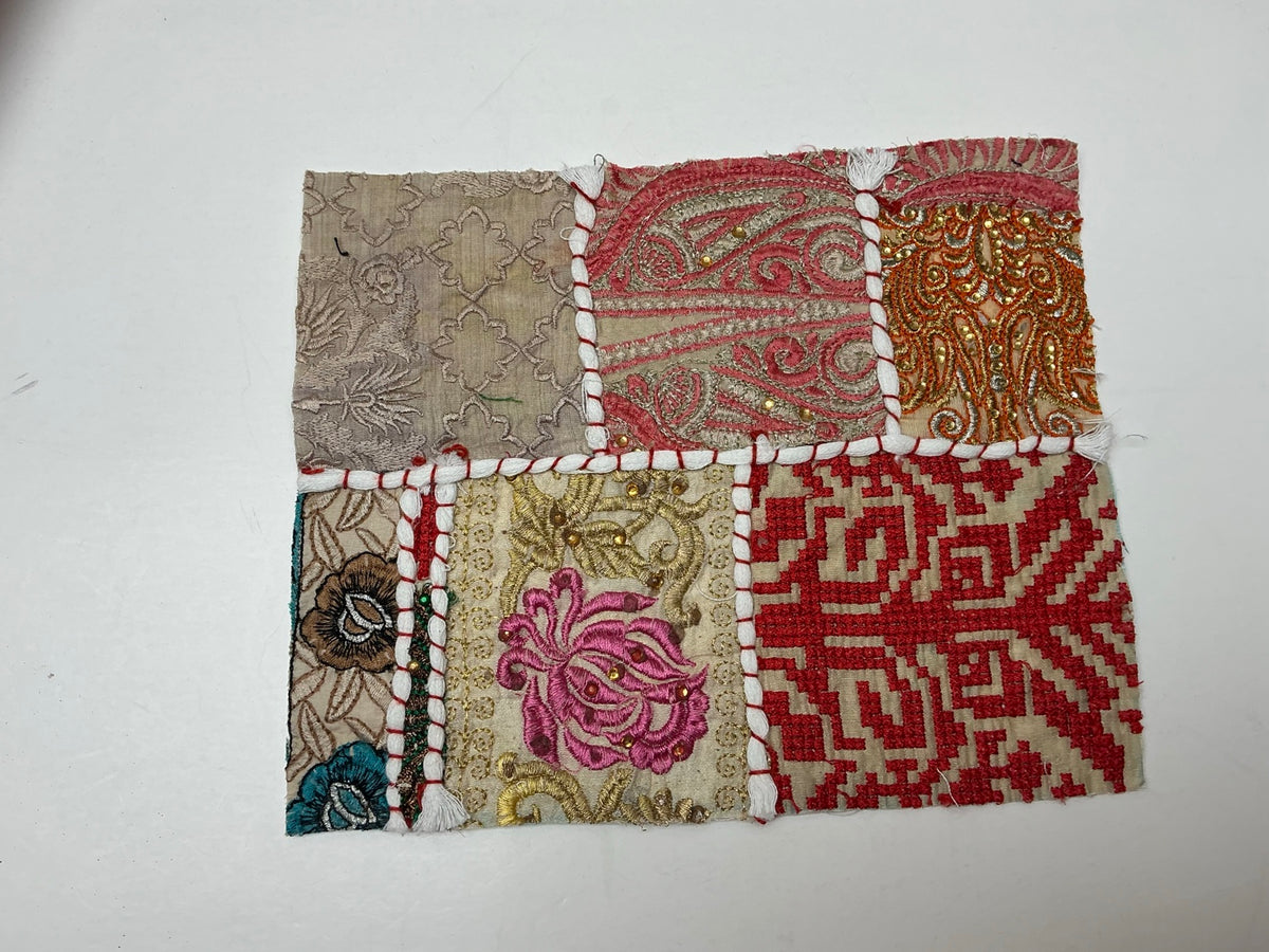 Coral pink rose and neutral embroidered patchwork textile panel