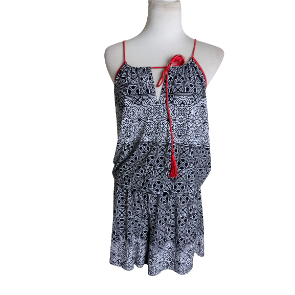 INC Black & White Printed Tassel Romper  Sz M