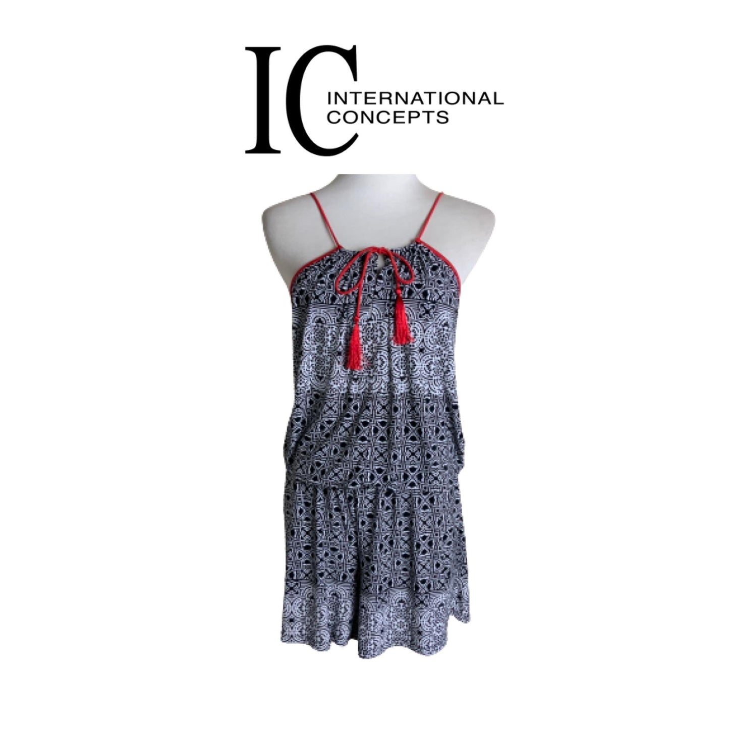 INC Black & White Printed Tassel Romper  Sz M