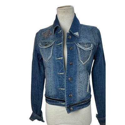 Women’s Embellished Fleur-de-Lis Denim Jacket Rhinestone Perforated Jean Jacket Size XS