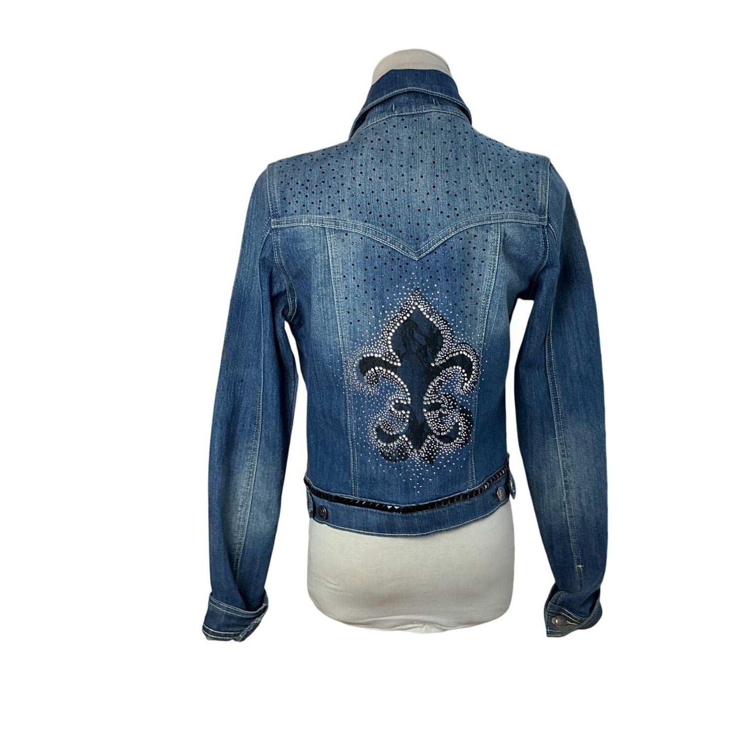 Women’s Embellished Fleur-de-Lis Denim Jacket Rhinestone Perforated Jean Jacket Size XS