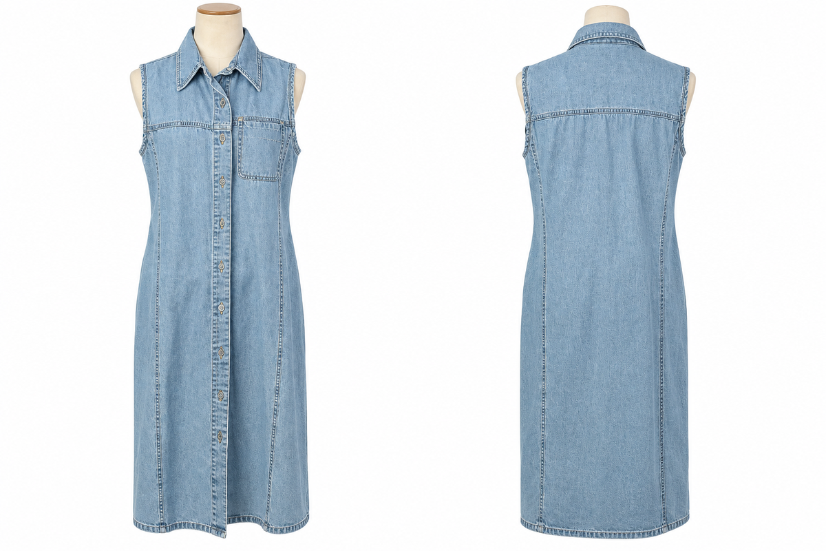 Denim & Co. sleeveless light wash denim shirt dress size L front and back