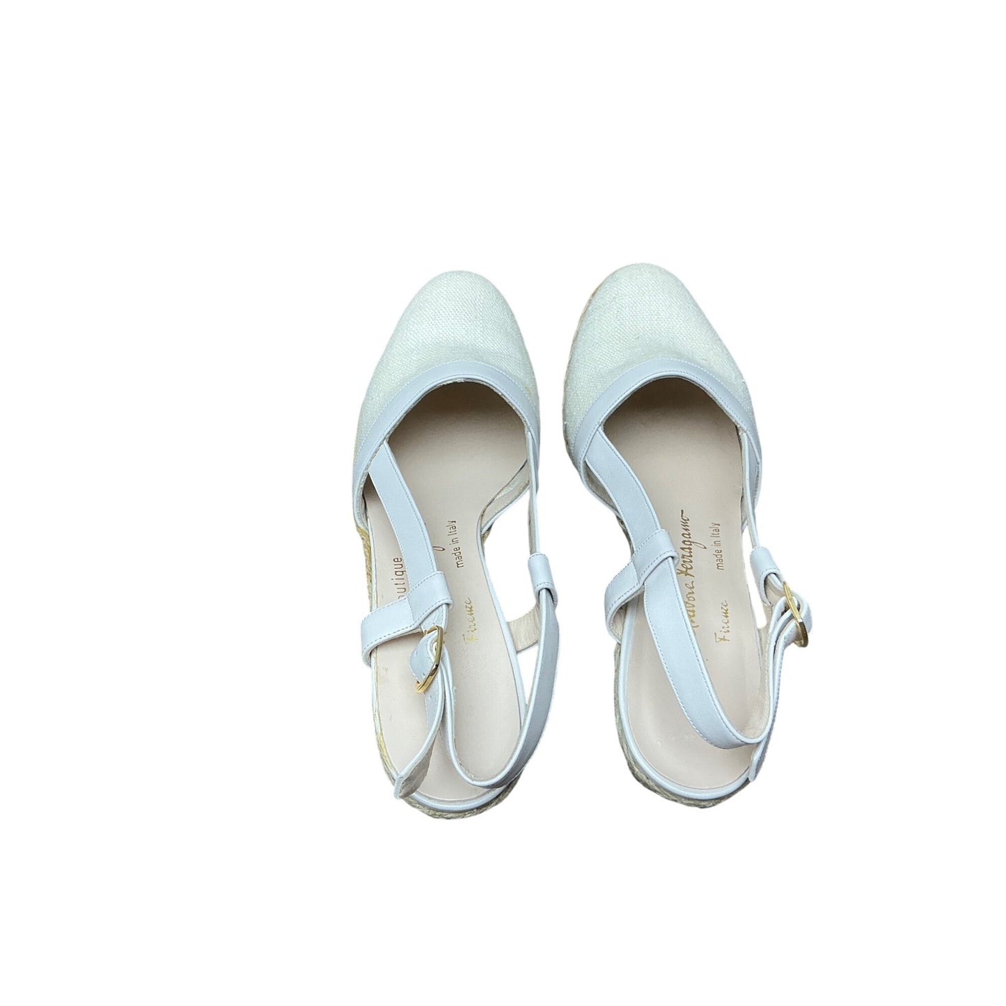 Salvatore Ferragamo Boutique Canvas Espadrille Flats Blue Leather Trim Ankle Strap Size 8 B