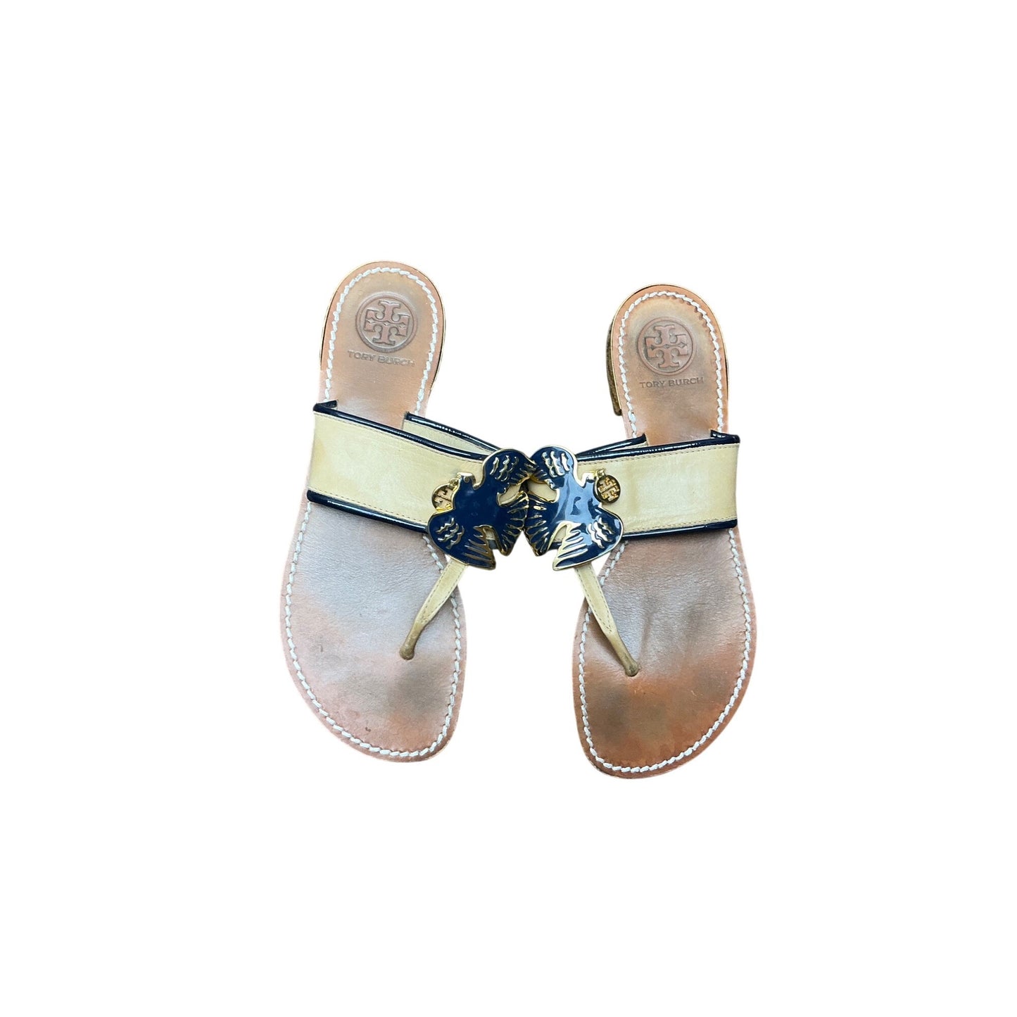 Tory Burch Thong Sandals Leather Miller Style Bird Logo Brown Gold  Sz 7M