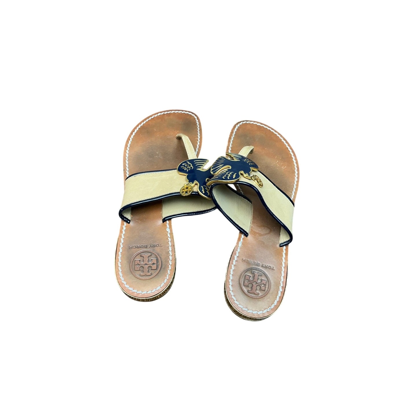 Tory Burch Thong Sandals Leather Miller Style Bird Logo Brown Gold  Sz 7M