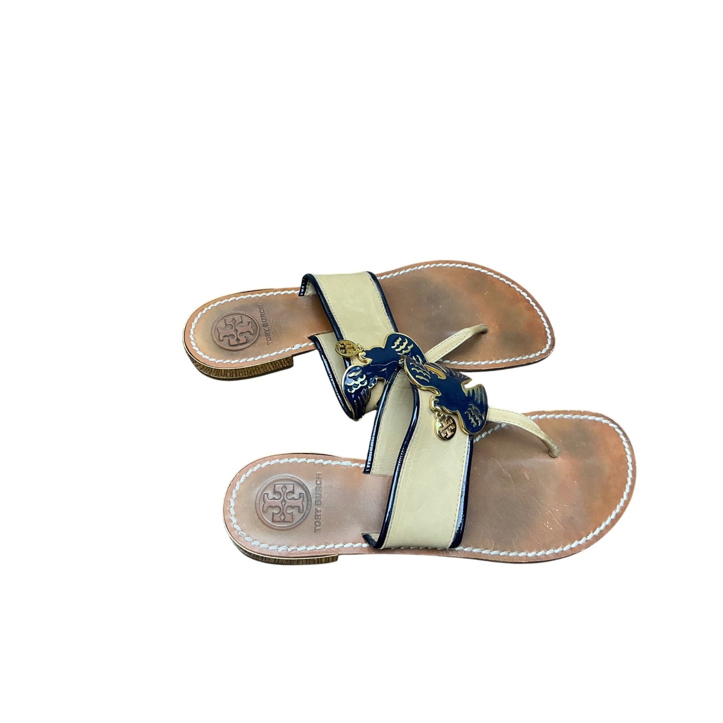 Tory Burch Thong Sandals Leather Miller Style Bird Logo Brown Gold  Sz 7M