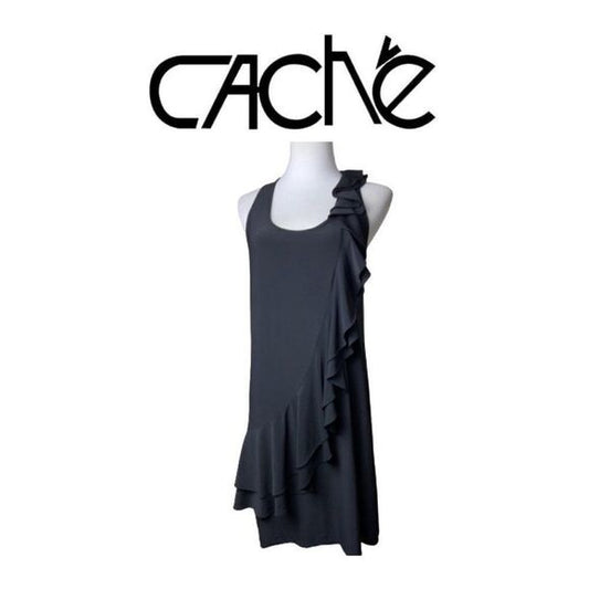 Cache Ruffle Black Dress. Sz 8
