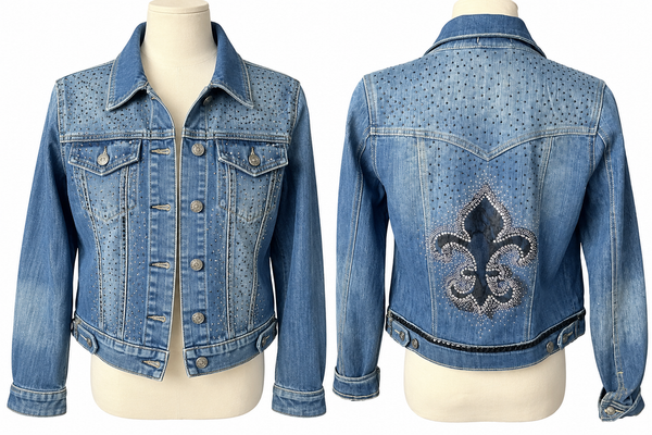 Women’s Embellished Fleur-de-Lis Denim Jacket Rhinestone Perforated Jean Jacket Size XS