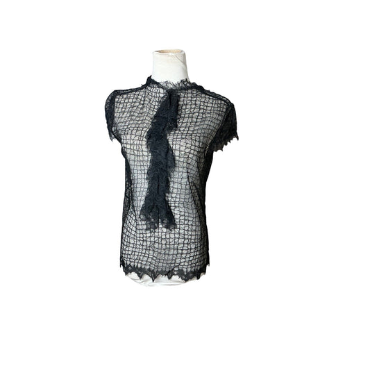 Lida Baday Y2K Black Sheer Lace Ruffle Sleeveless Tunic Top Made Canada Size L/12