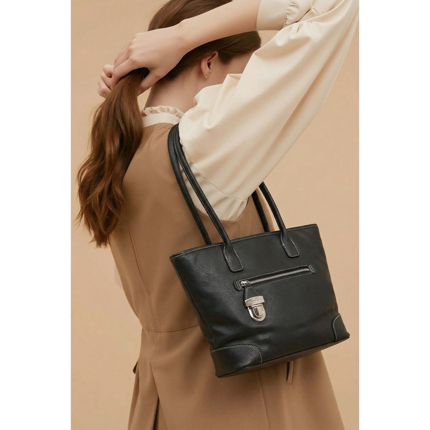Victoria Secret Black Faux Leather Shoulder Bag Zip Pocket Tote Purse