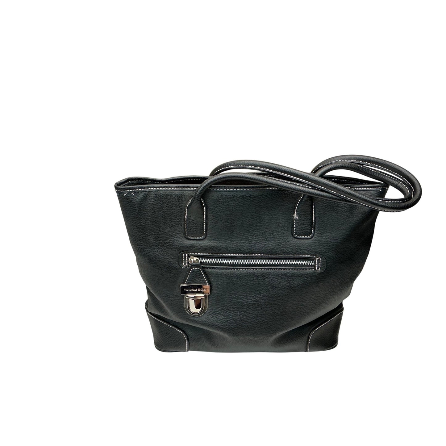 Victoria Secret Black Faux Leather Shoulder Bag Zip Pocket Tote Purse