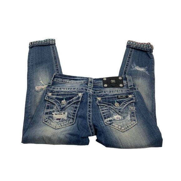 Miss Me Cropped Jeans Sz 24 Aztec Embroidered Cuff Bling Pockets